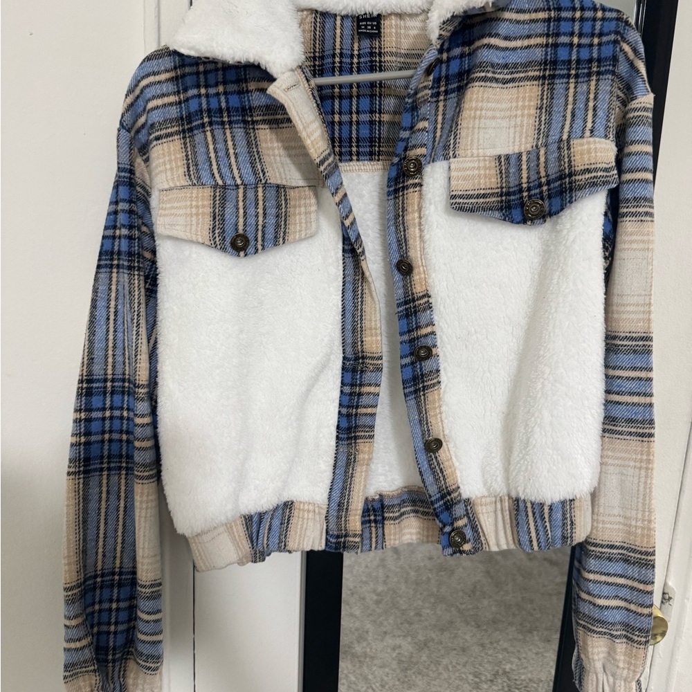 SHEIN Blue and Beige Plaid Bomber Jacket